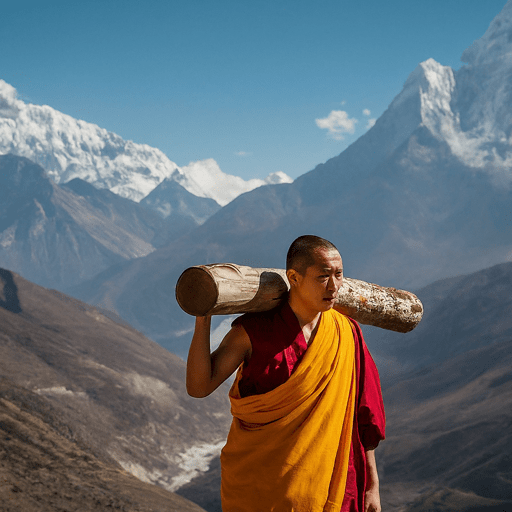 Himalayan monk carrying log