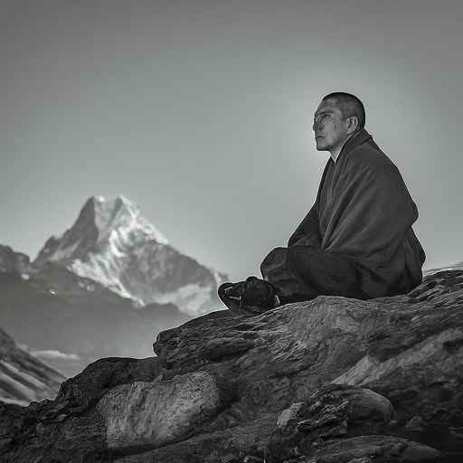 Himalayan monk on rock contemplating