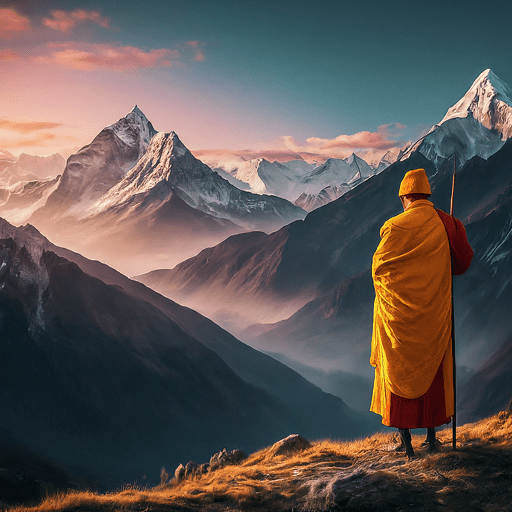 Himalayan monk overlooking himalayas