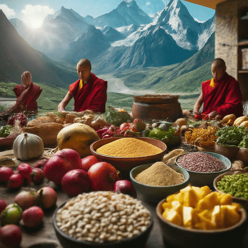 Himalayan monks having a feast of healthy food