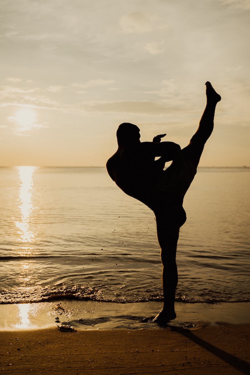 Martial artist kicking in shore