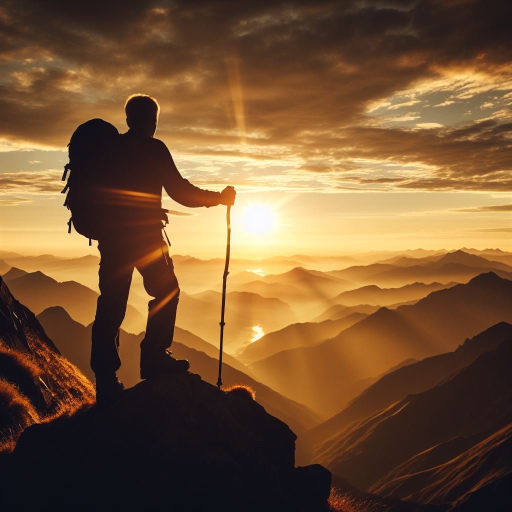 Older man mountain hiking at sunset